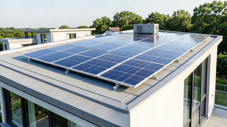 installation panneau solaire avec batterie 12v sur le toit d'une maison résidentielle sous un ciel clair