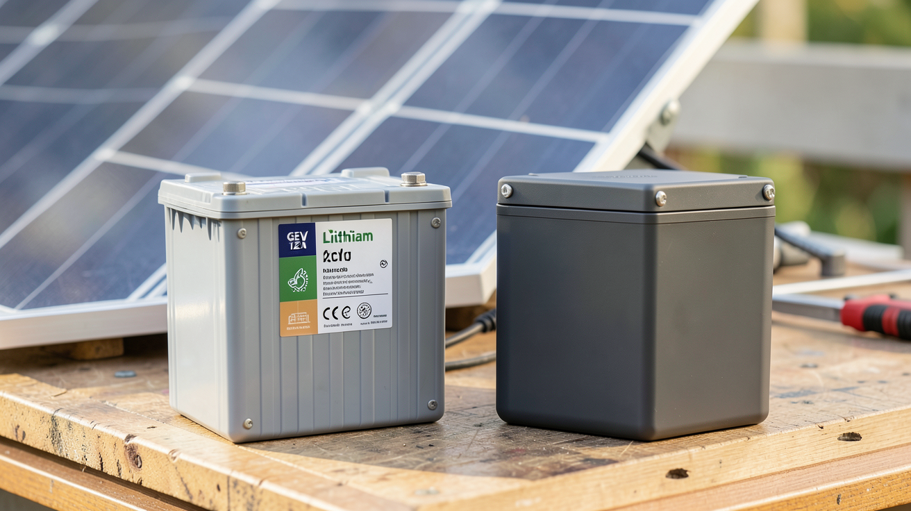 installation panneau solaire avec batterie 12v montrant les deux types de batteries GEL et Lithium pour kit solaire 12V