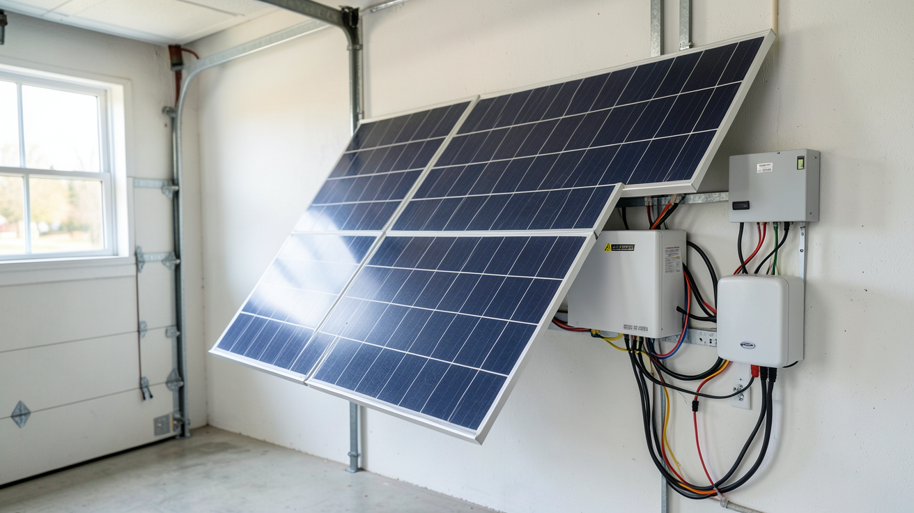 installation panneau solaire avec batterie montrant un kit complet avec panneaux, batterie de stockage et onduleur