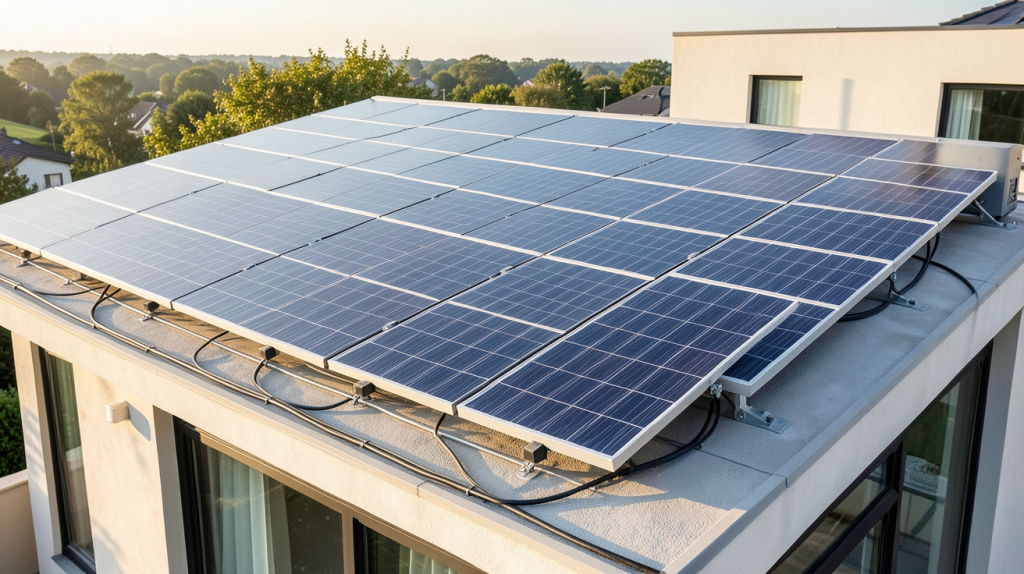 installation panneau solaire avec batterie pour maison contemporaine vue de près
