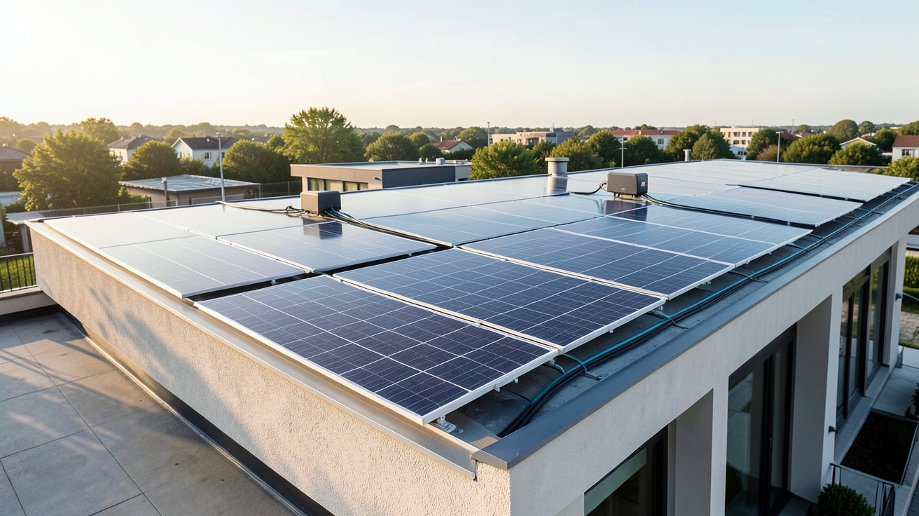 installation panneau solaire avec batterie sur le toit d'une maison moderne