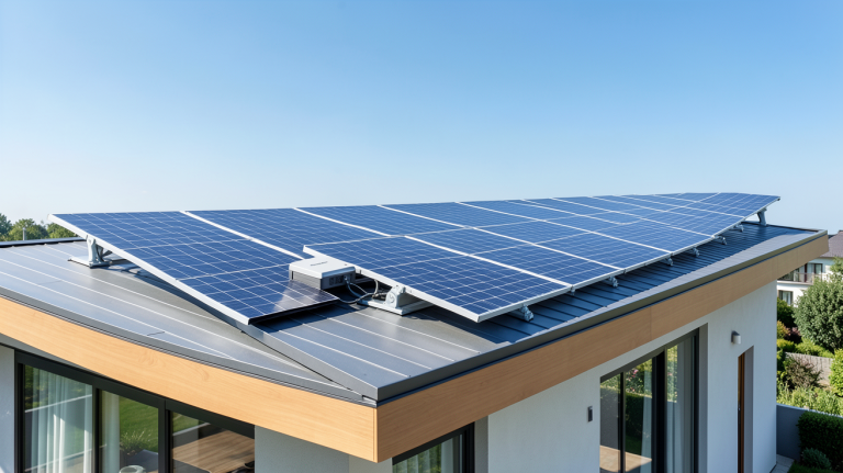 installation panneau solaire avec batterie sur le toit d'une maison moderne, panneaux photovoltaïques et unité de stockage visibles