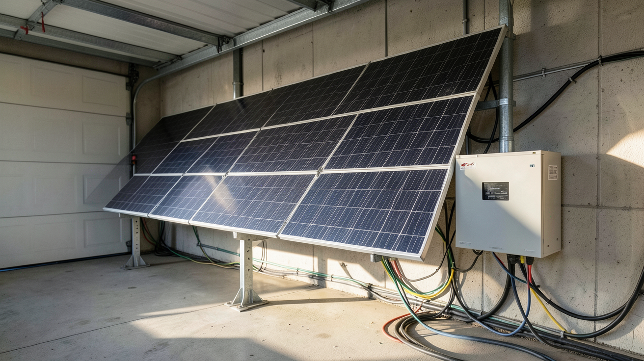 installation panneau solaire batterie avec panneaux photovoltaïques et batterie de stockage lithium-ion dans un garage