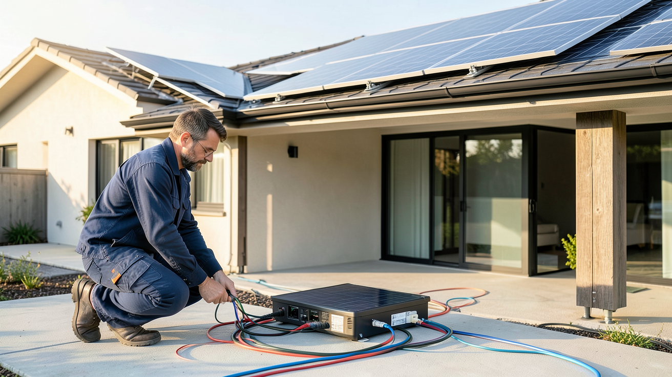 installation panneau solaire avec batterie pour maison montrant les étapes clés : technicien vérifiant les connexions électriques et panneaux solaires partiellement installés sur un toit