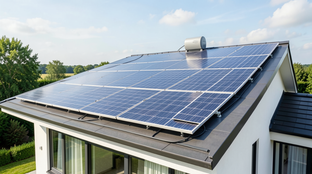 installation panneau solaire batterie sur le toit d'une maison moderne, capturant les panneaux et la batterie en plein jour
