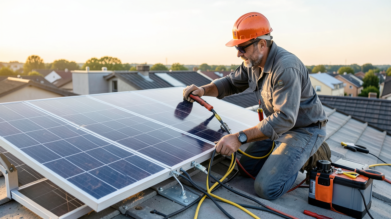 installation panneau solaire batterie tutoriel bricolage en cours sur un toit