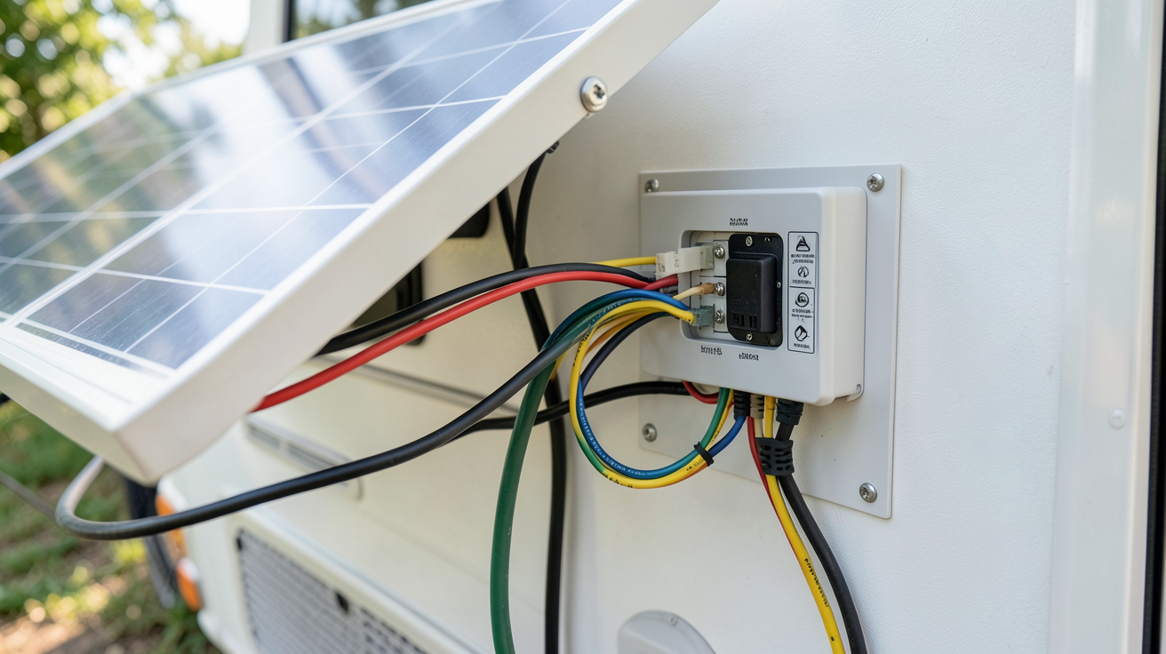 installation panneau solaire camping car branchement électrique sécurisé avec câbles et boîtier de connexion