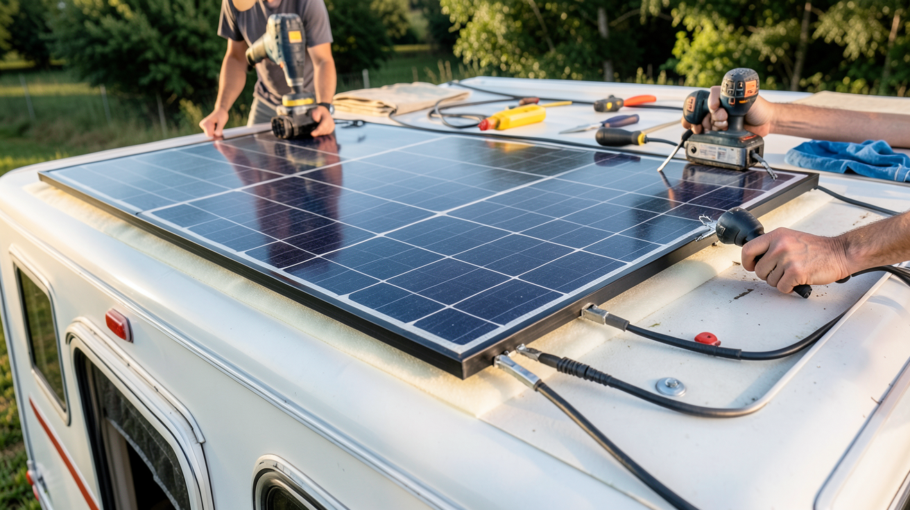 installation panneau solaire camping car rigide sur le toit d'un camping-car en cours de montage