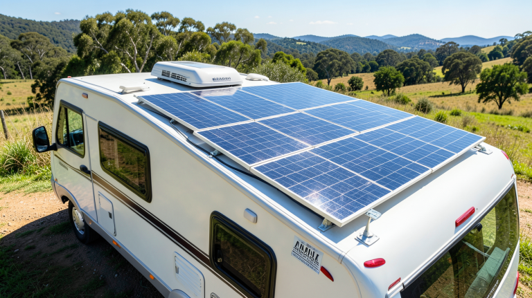 installation panneau solaire camping car sur le toit d'un véhicule de loisirs en plein air