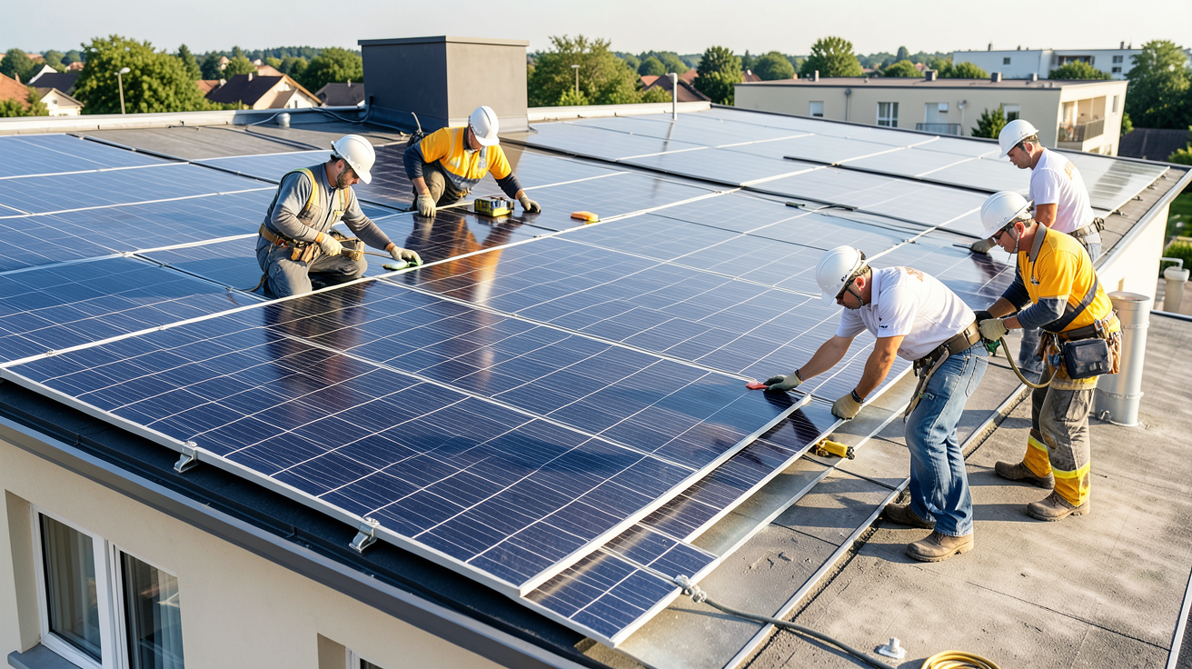 installation panneau solaire copropriété : équipe de professionnels posant des panneaux solaires sur le toit d'un immeuble en copropriété