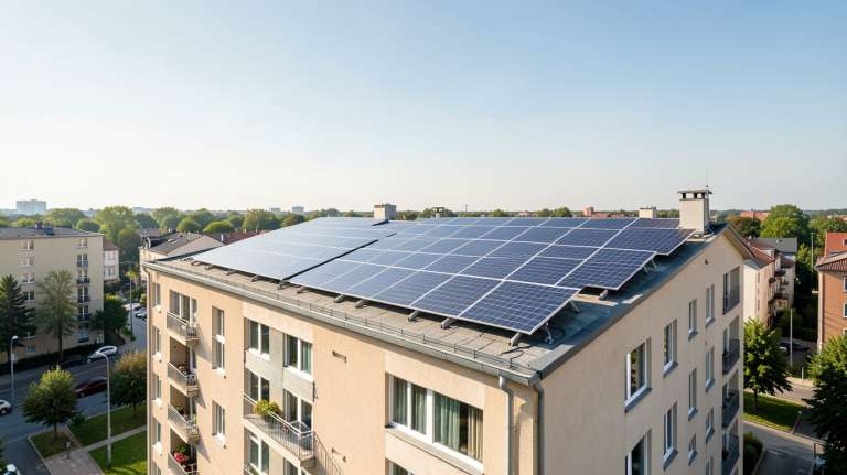 installation panneau solaire copropriété sur le toit d'un immeuble en ville