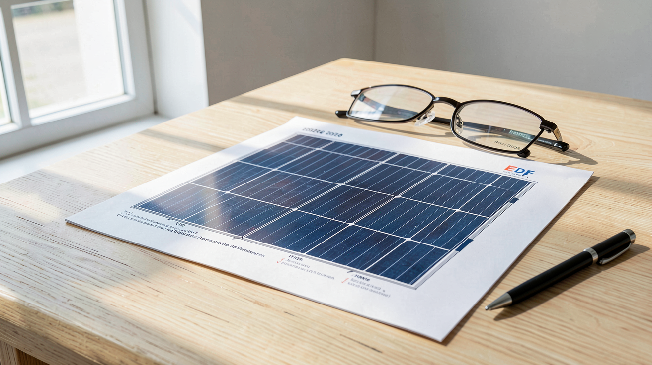 installation panneau solaire EDF prix 2026 : devis détaillé sur une table avec lunettes et stylo