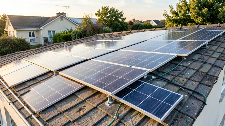 installation panneau solaire EDF prix sur le toit d'une maison individuelle avec des panneaux photovoltaïques modernes