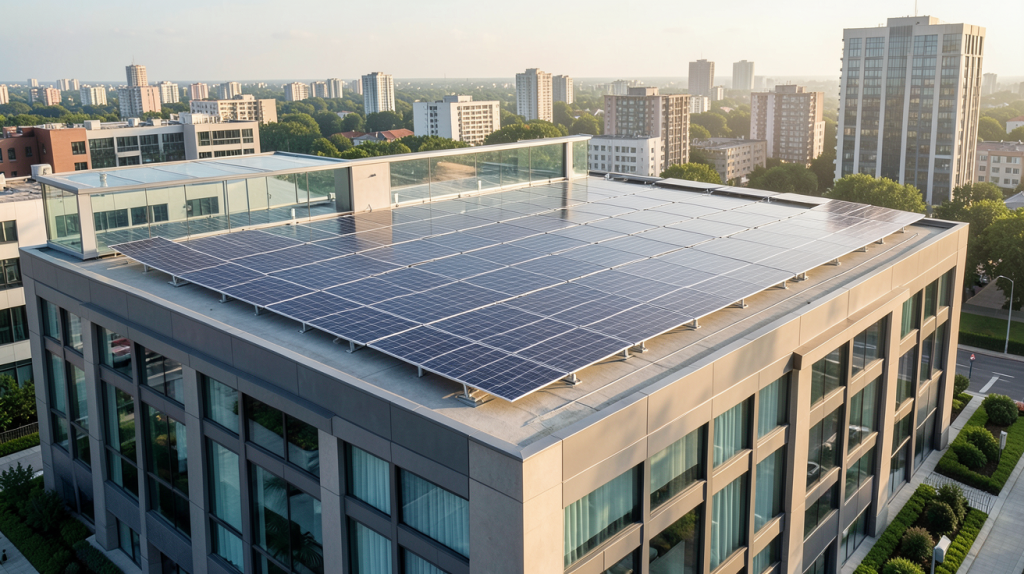 installation panneau solaire entreprise sur le toit d'un bâtiment industriel moderne