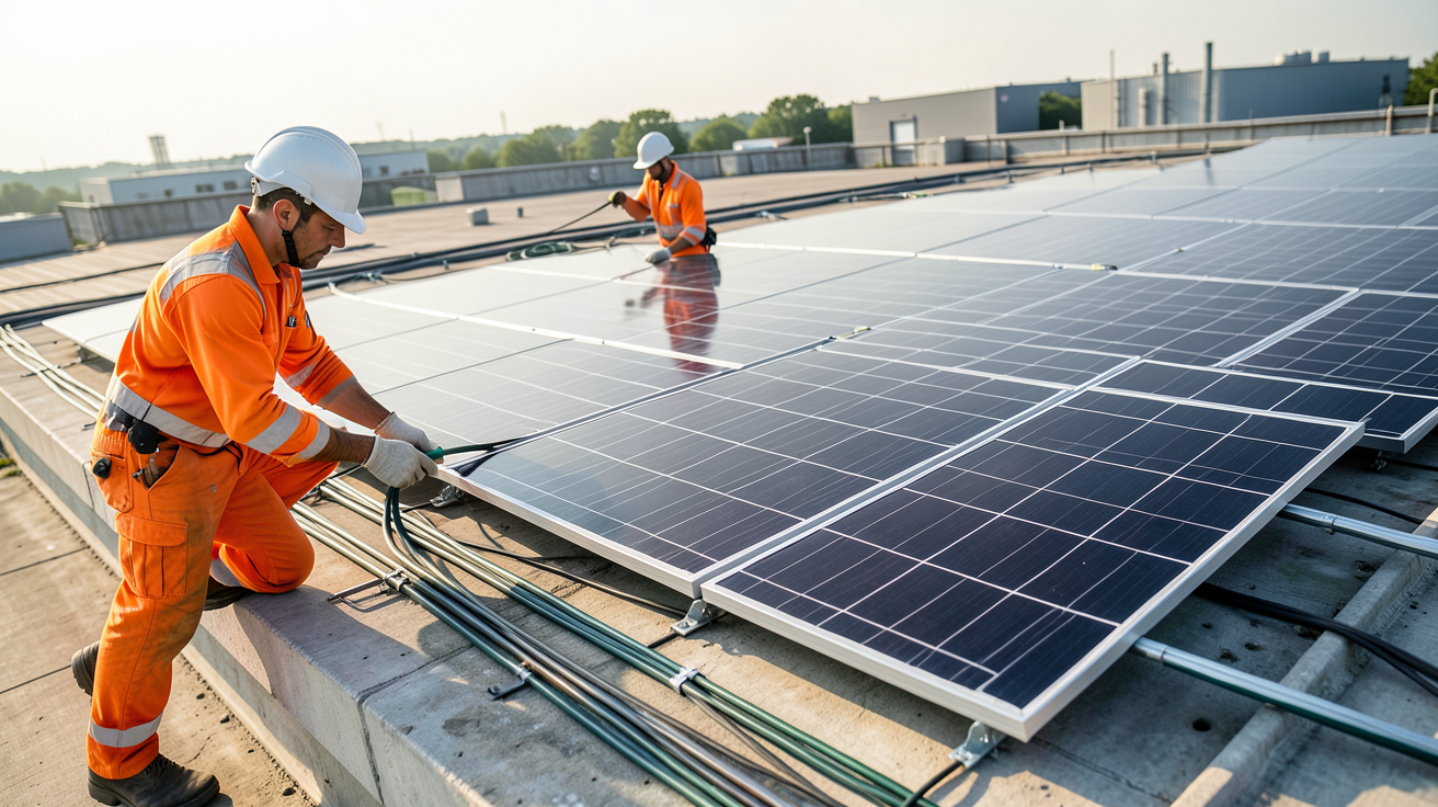 installation panneau solaire entreprise : techniciens installant des panneaux photovoltaïques sur le toit d'une entreprise