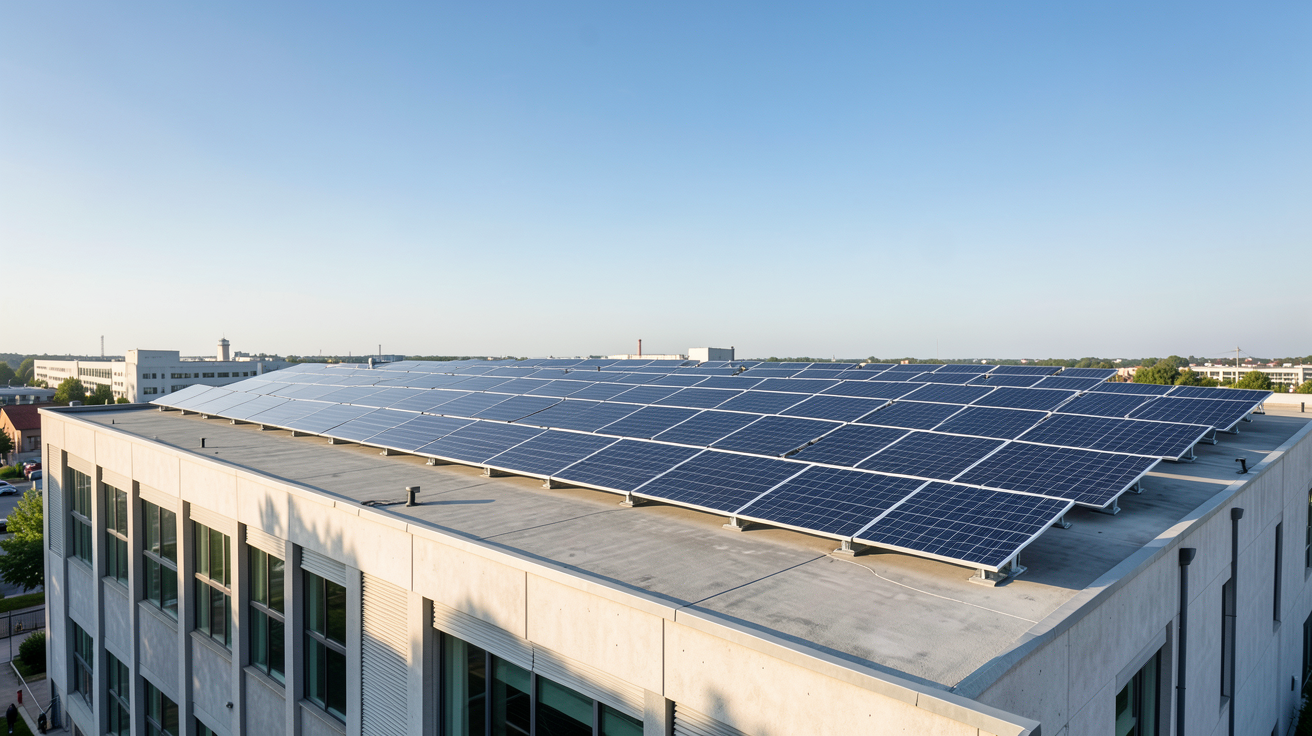 installation panneau solaire entreprise sur le toit d'un bâtiment industriel