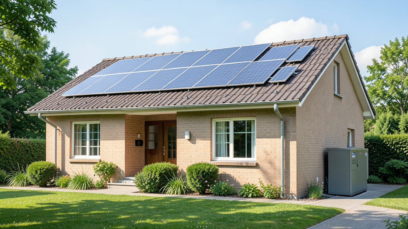 installation panneau solaire et batterie montrant des panneaux solaires sur le toit et une batterie de stockage à l'extérieur, illustrant les avantages concrets pour le foyer