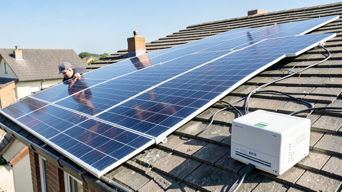 installation panneau solaire et batterie montrant un technicien fixant des panneaux solaires sur un toit, avec une batterie de stockage au sol, dans un cadre lumineux et détaillé.