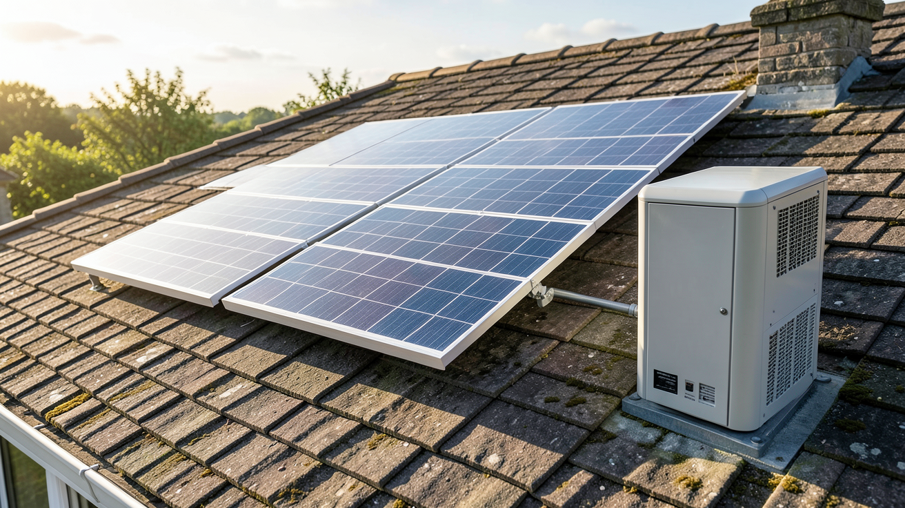 installation panneau solaire et batterie montrant un kit complet avec panneaux photovoltaïques sur un toit et une batterie de stockage en plein jour