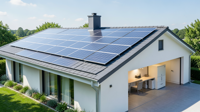 installation panneau solaire et batterie sur le toit d'une maison moderne avec système de stockage d'énergie