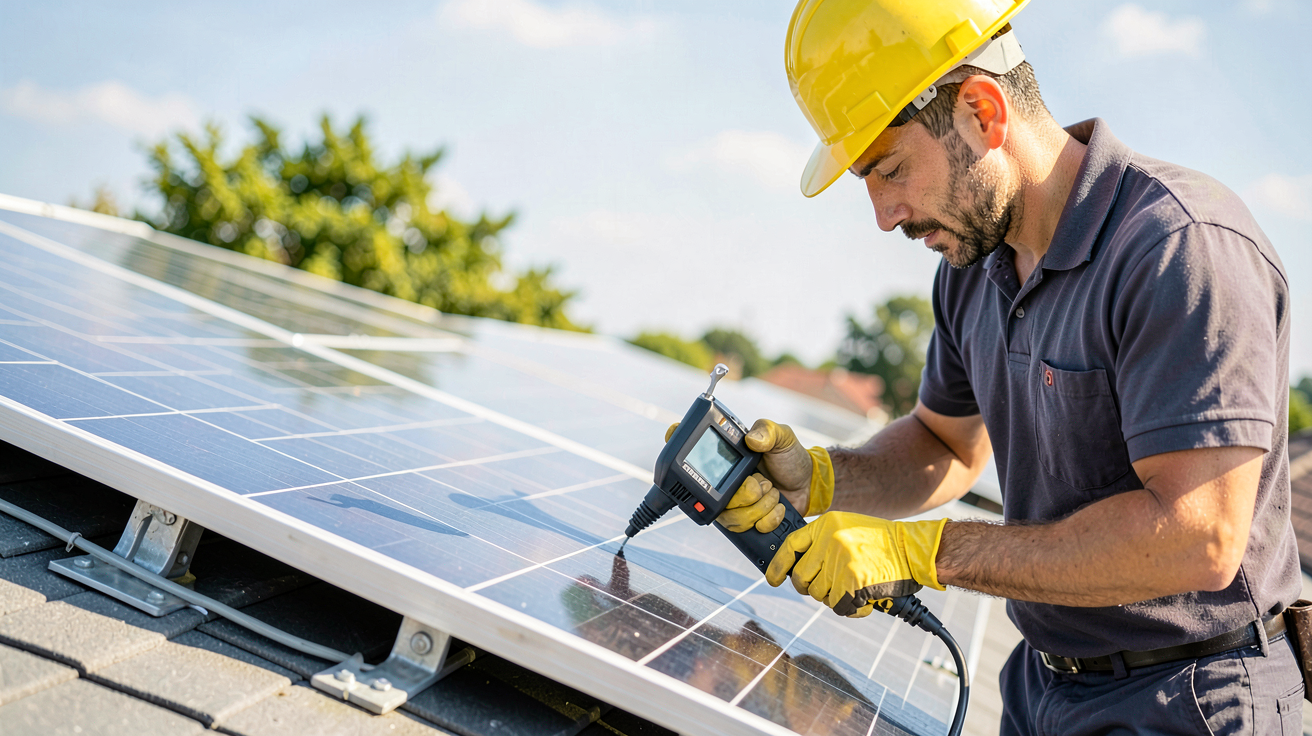 installation panneau solaire avec un technicien vérifiant l'inclinaison et l'orientation sur un toit