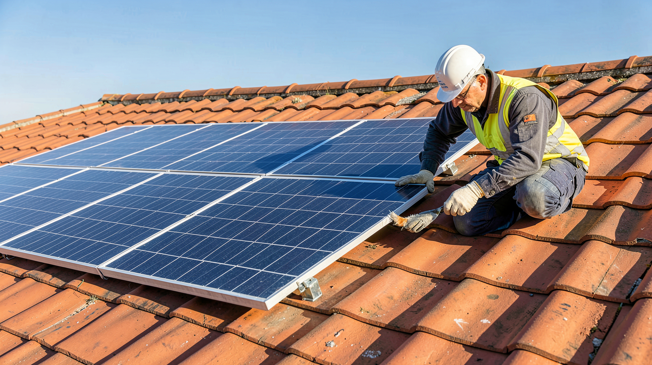 installation panneau solaire Leroy Merlin évaluation de la toiture en tuiles rouges par un technicien