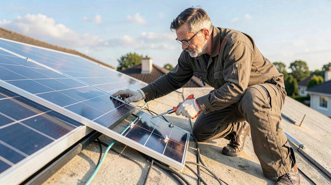 installation panneau solaire Leroy Merlin guide pas à pas montrant un professionnel installant un panneau solaire sur un toit