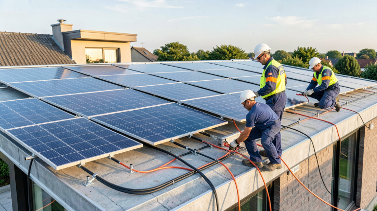 installation panneau solaire Leroy Merlin sur le toit d'une maison moderne avec des techniciens en action