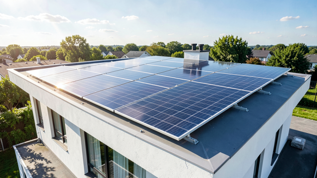 installation panneau solaire sur le toit d'une maison résidentielle sous un ciel bleu
