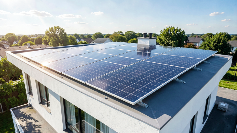 installation panneau solaire sur le toit d'une maison résidentielle sous un ciel bleu