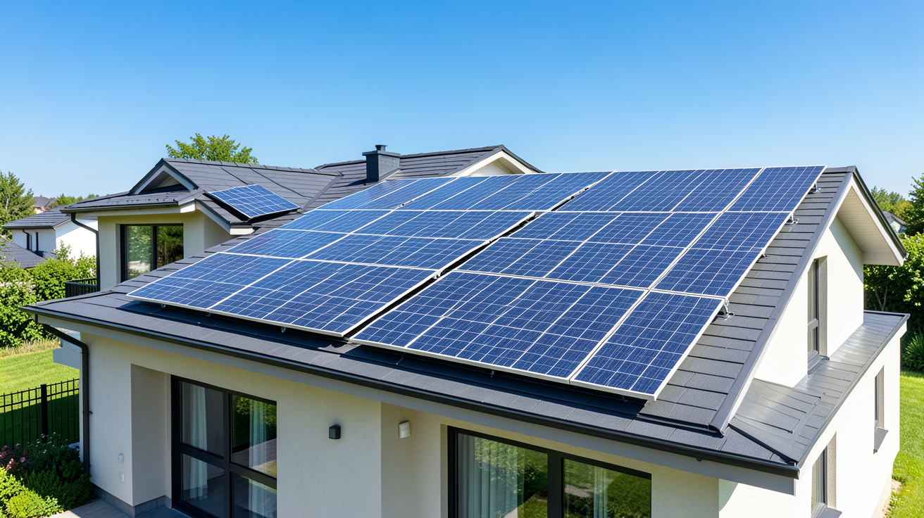 installation panneau solaire maison prix sur le toit d'une résidence moderne de 150m²