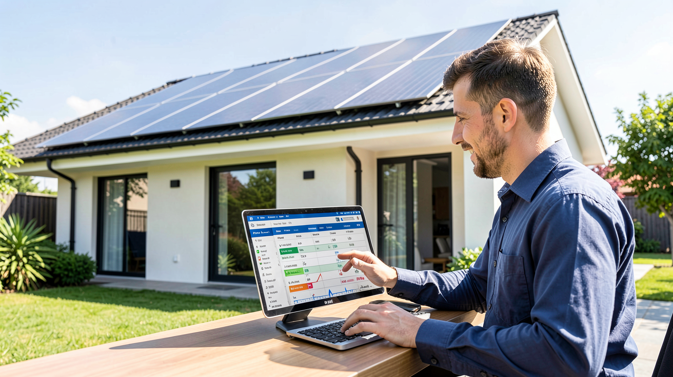 installation panneau solaire photovoltaique montrant le toit d'une maison équipée de panneaux solaires avec un ingénieur consultant un ordinateur portable sur le coût de l'installation en 2025
