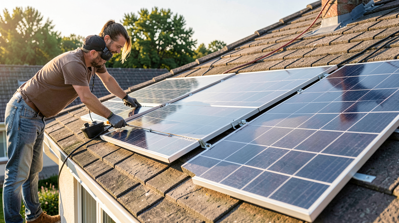 installation panneau solaire photovoltaique montrant les principales étapes d'installation sur un toit, avec panneaux alignés et structure de montage