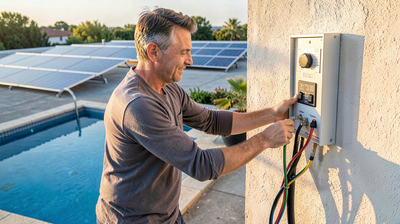 installation panneau solaire pour piscine : professionnel raccordant des panneaux solaires thermiques à un tableau électrique