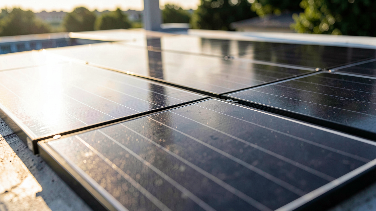 installation panneau solaire pour piscine montrant les capteurs thermiques noirs sur un toit