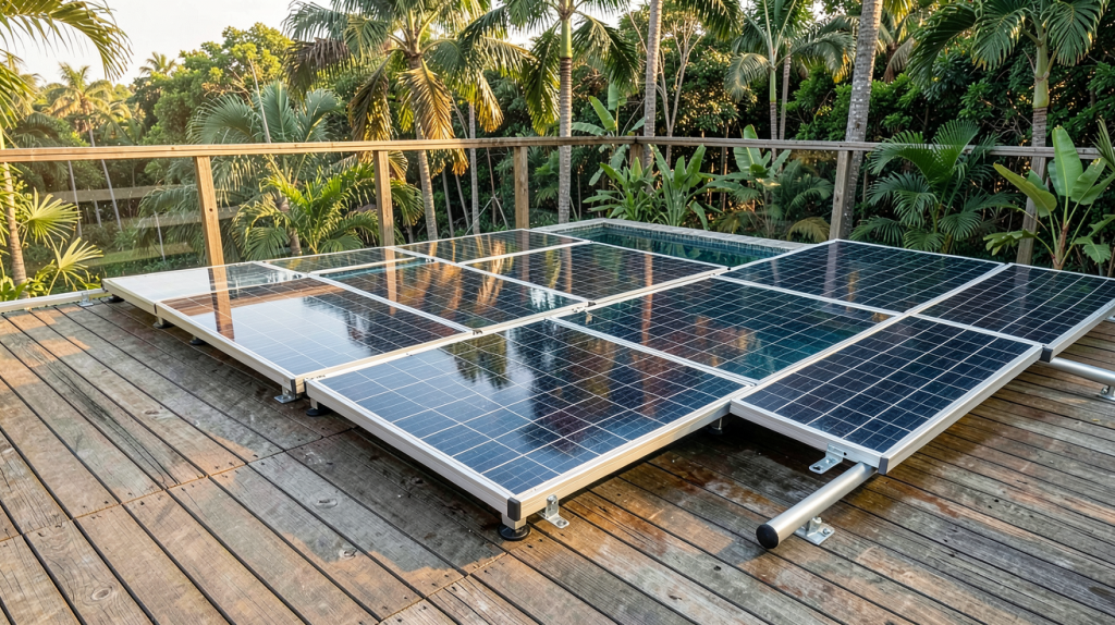 installation panneau solaire pour piscine posée sur une terrasse en bois avec vue sur une piscine bleue