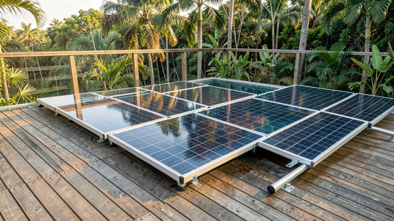 installation panneau solaire pour piscine posée sur une terrasse en bois avec vue sur une piscine bleue