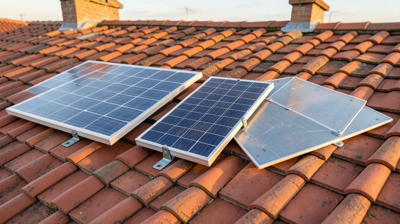 installation panneau solaire sur toiture tuile guide de choix montrant trois types de panneaux solaires sur une toiture en tuiles rouges