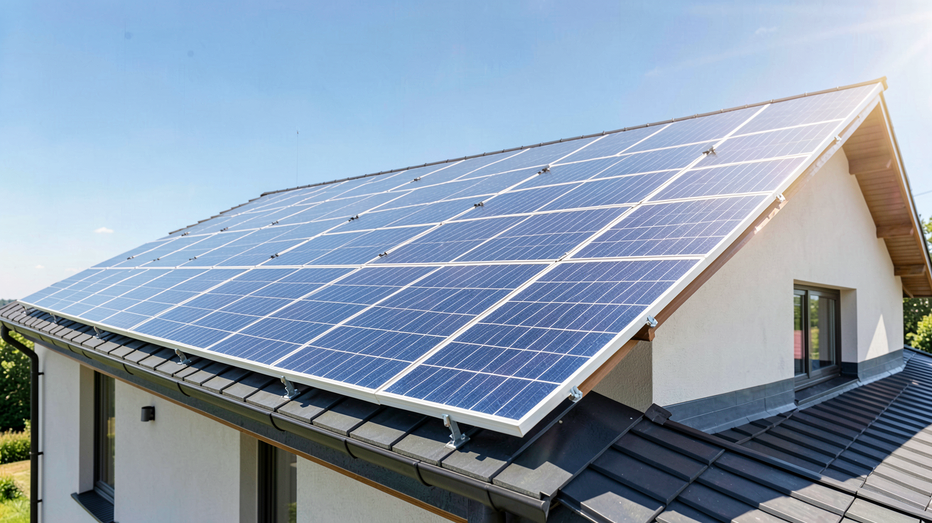 installation panneau solaire photovoltaïque sur le toit d'une maison moderne sous un soleil brillant
