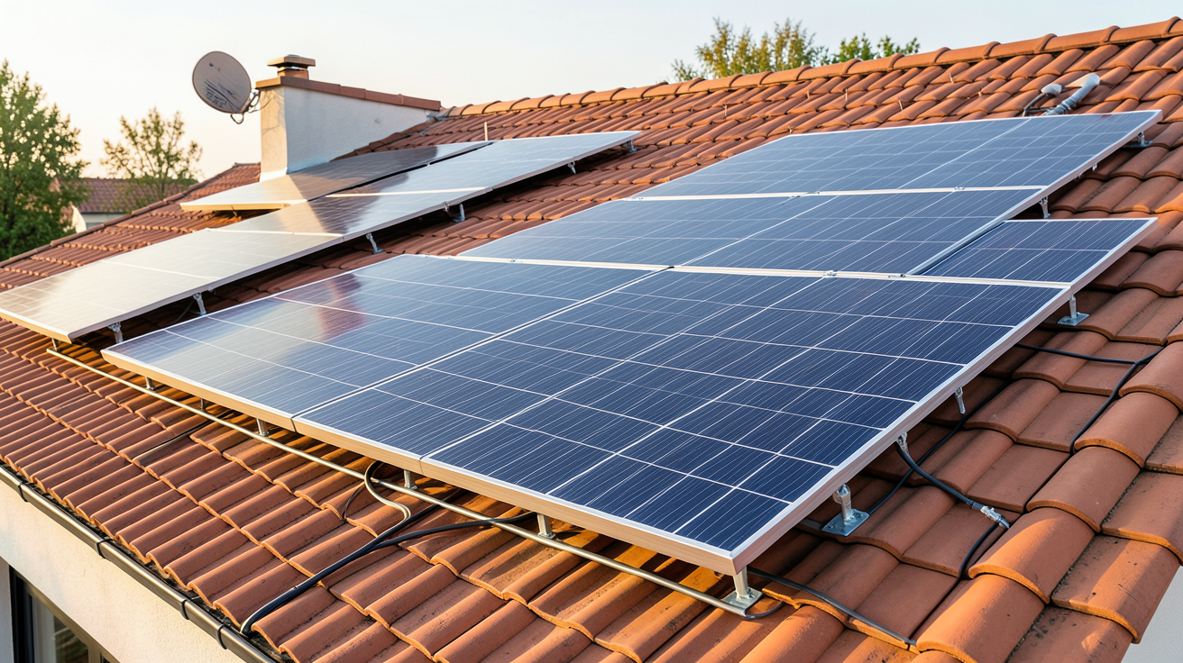 installation panneau solaire sur toiture tuile d'une maison contemporaine avec vue rapprochée des panneaux et des tuiles
