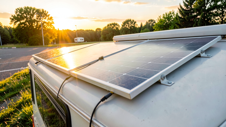 installation panneau solaire sur le toit d'un van aménagé en camping-car par une journée ensoleillée