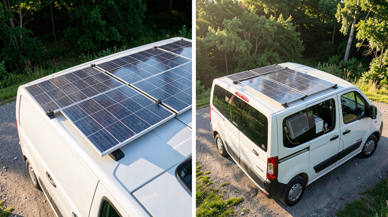 installation panneau solaire van configuration en série ou en parallèle sur le toit du van, panneaux solaires alignés pour illustrer le choix du montage