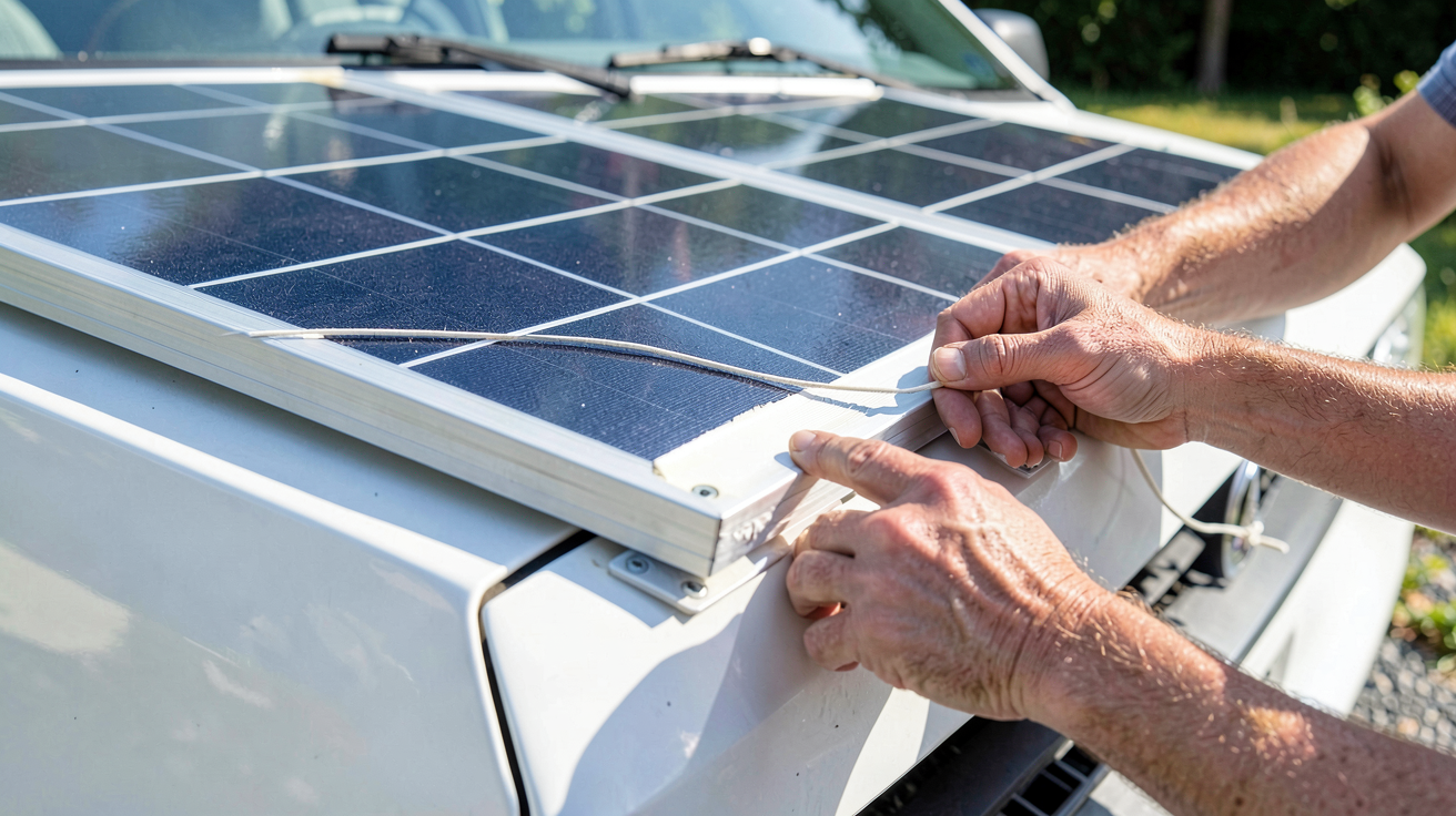 installation panneau solaire van avec collage des supports rigides sur le toit d'un fourgon