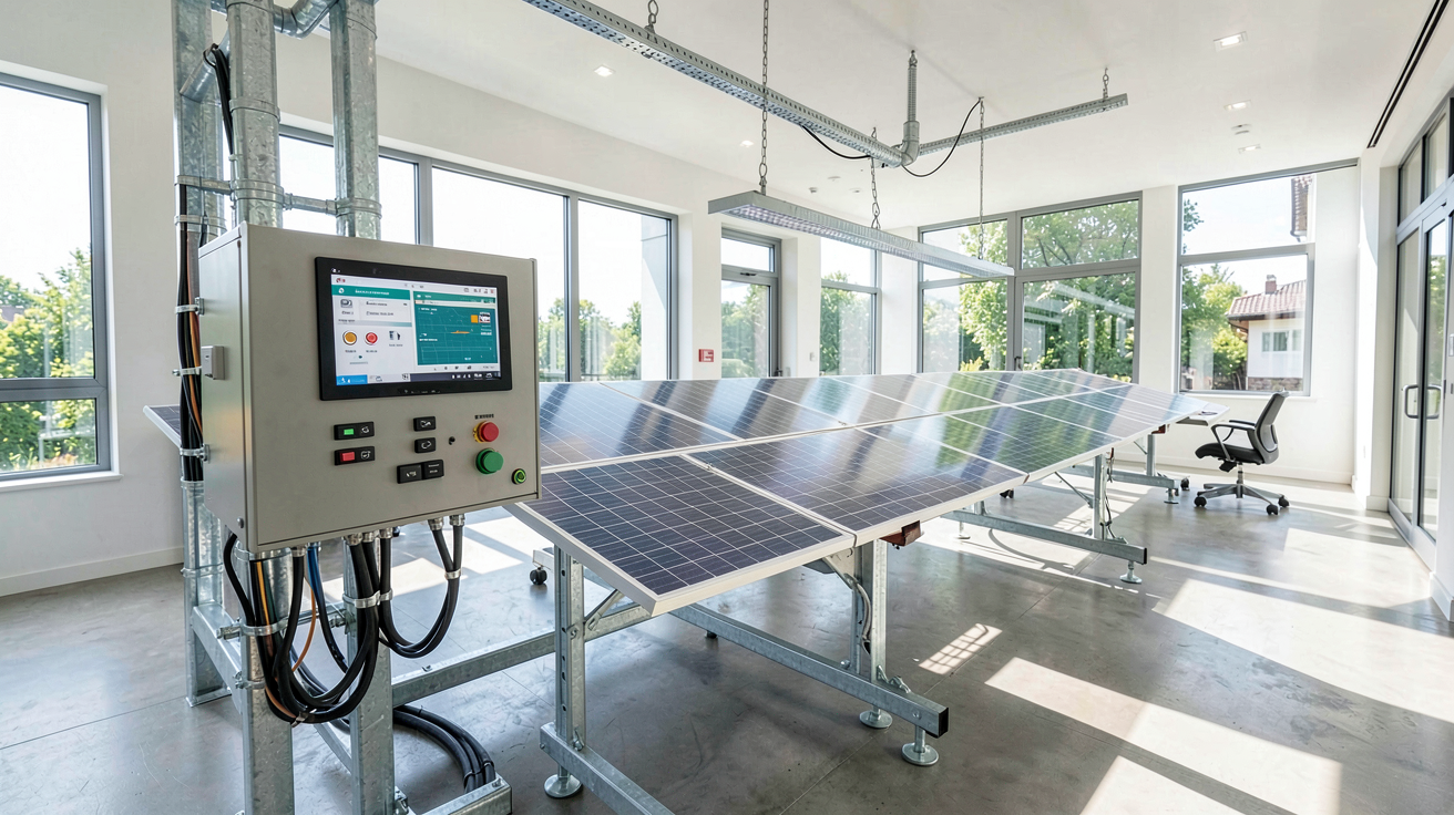 installation panneaux photovoltaique avec batterie domestique de stockage et système de monitoring intégré dans un intérieur moderne