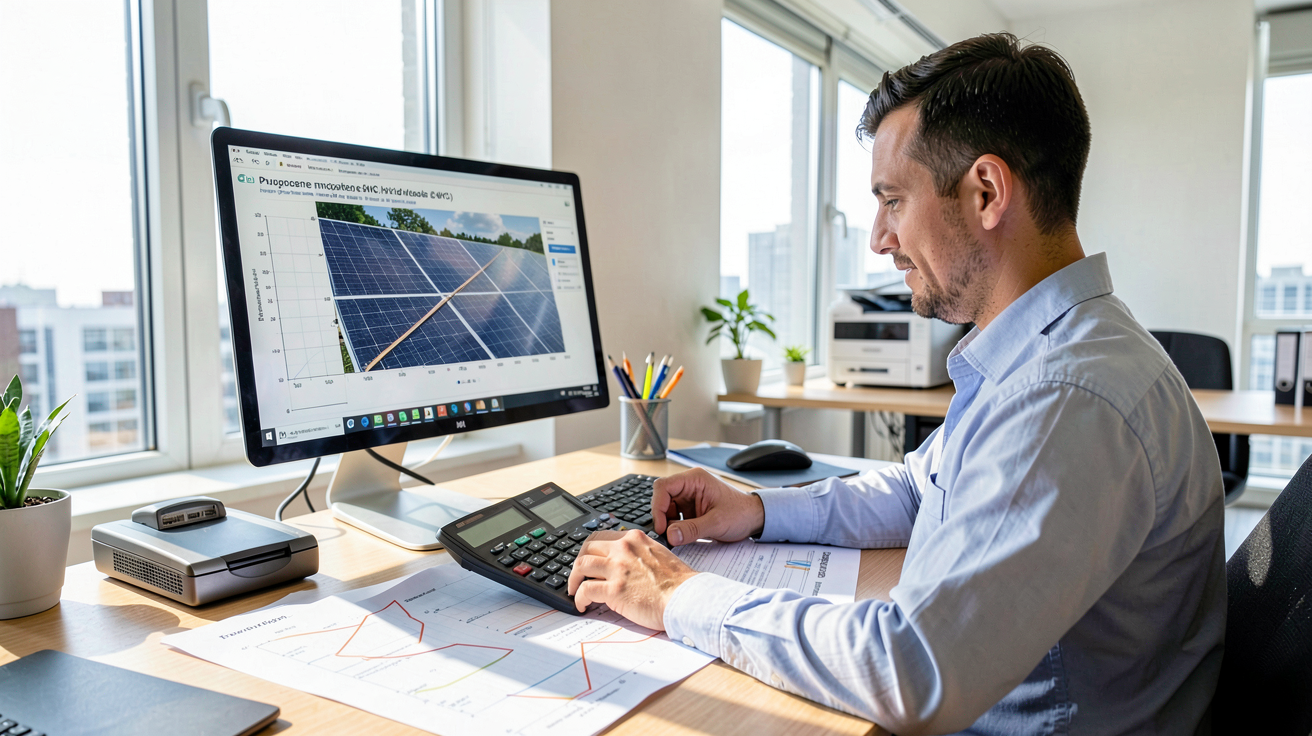 installation panneaux photovoltaïque : technicien calculant la puissance nécessaire en kWc pour un projet solaire