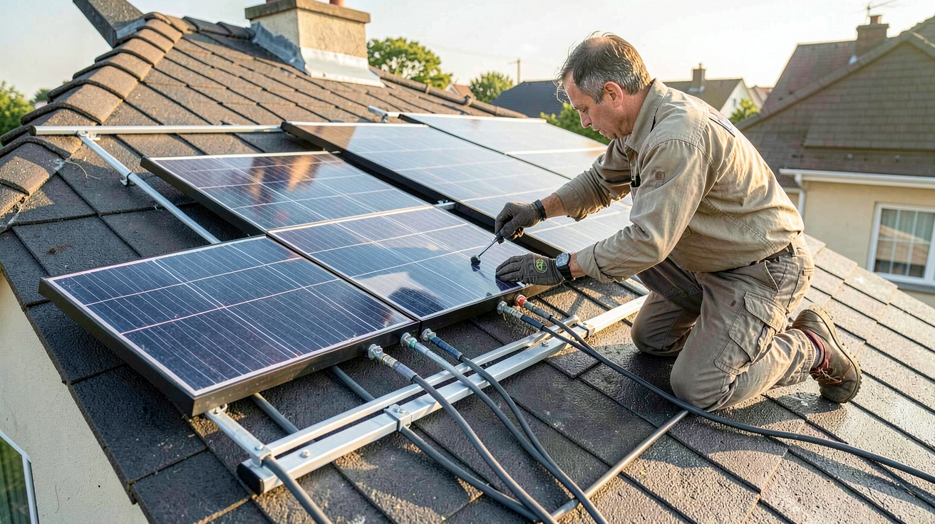 installation panneaux photovoltaique montrant les étapes détaillées de montage sur le toit d'une maison