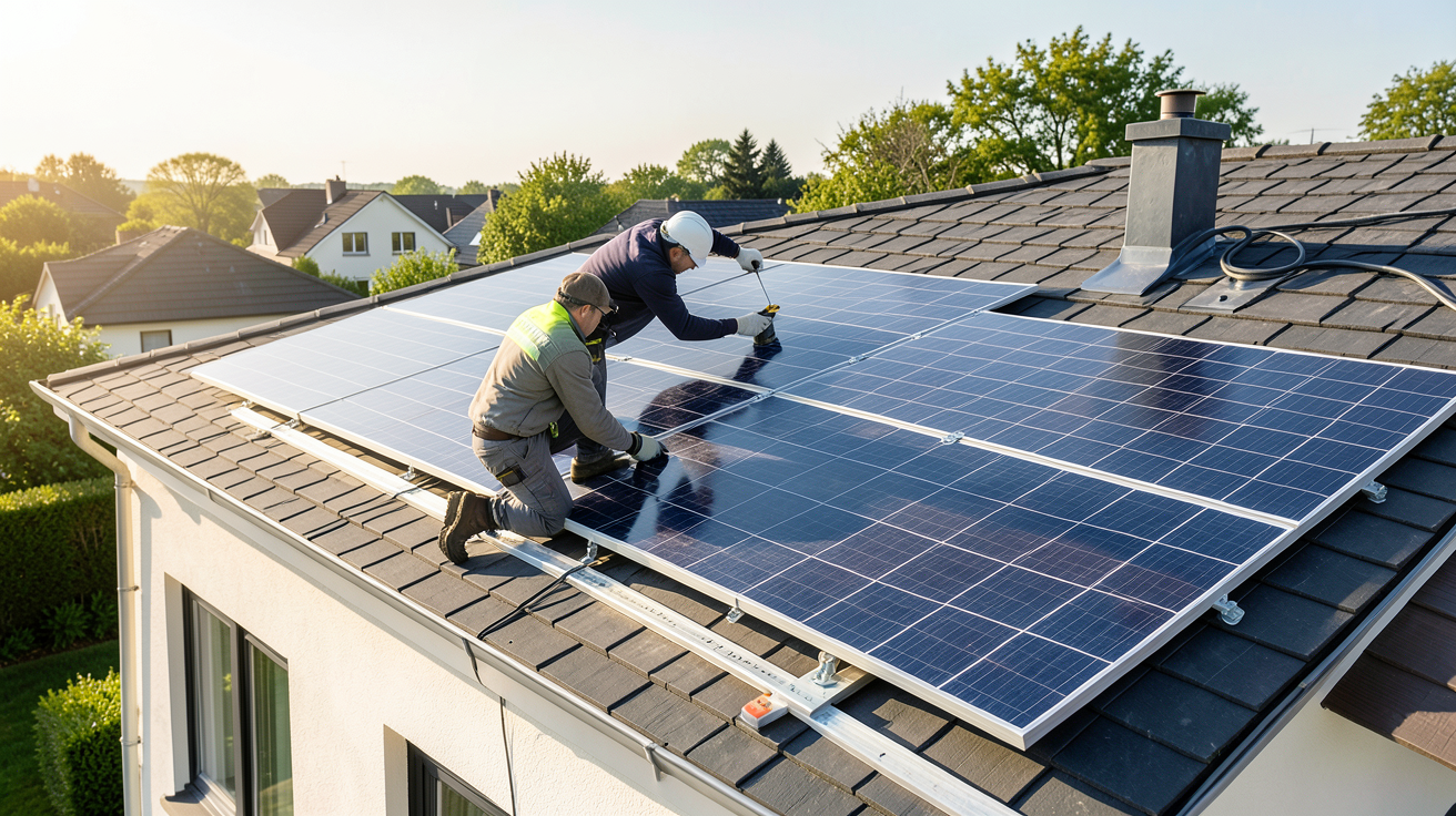 installation de panneaux photovoltaïques par EDF sur le toit d'une maison avec technicien en action