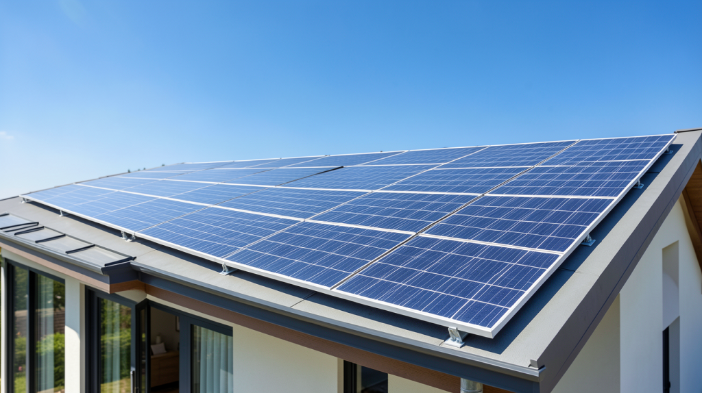installation panneaux photovoltaiques sur toiture d'une maison résidentielle moderne sous un soleil radieux