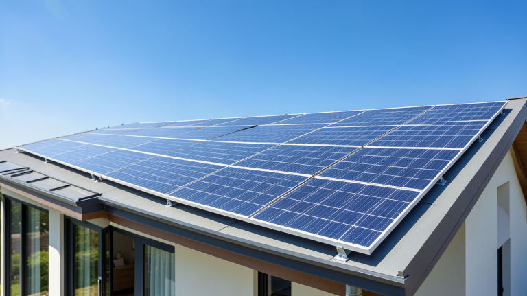 installation panneaux photovoltaiques sur toiture d'une maison résidentielle moderne sous un soleil radieux