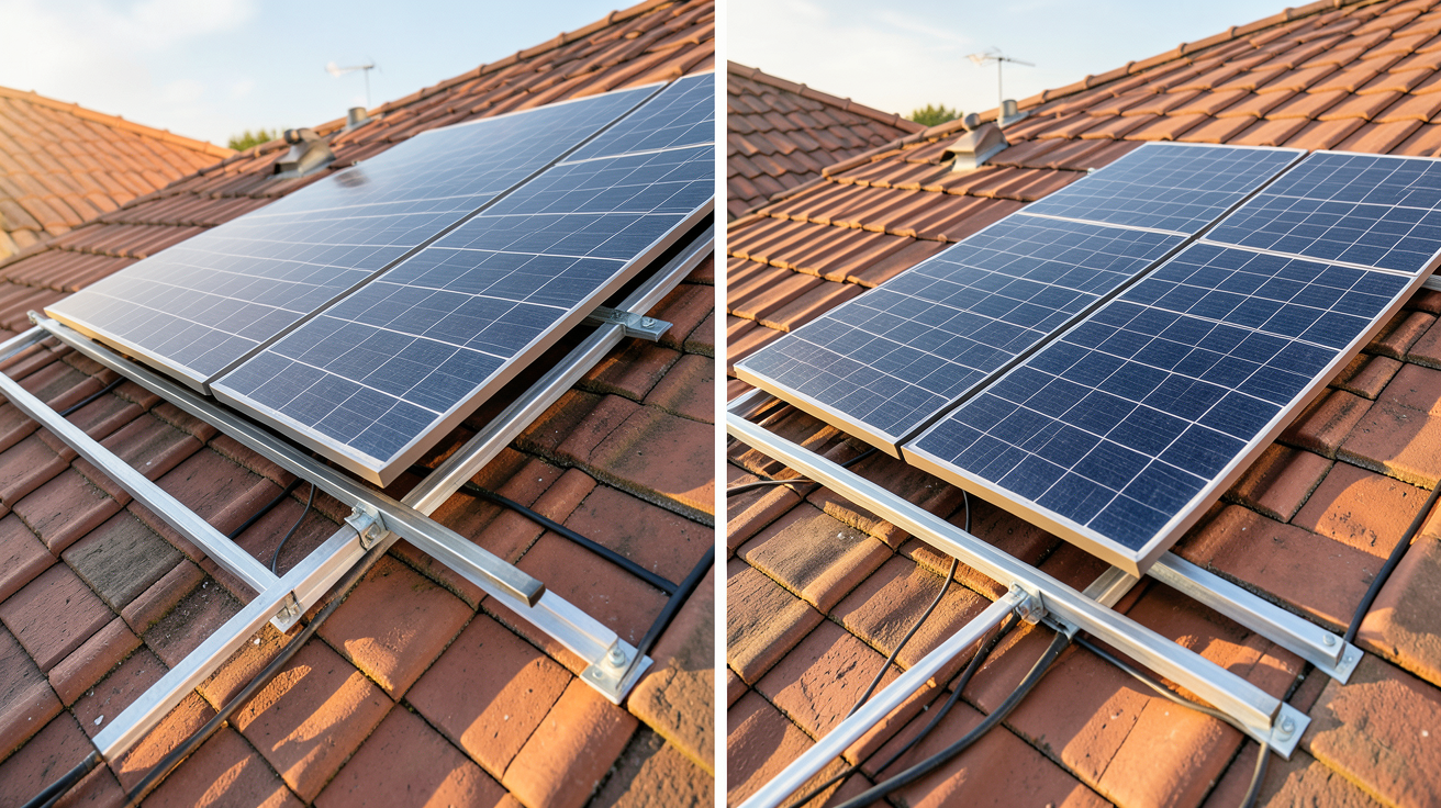 installation panneaux photovoltaiques sur toiture montrant les deux méthodes : surimposition avec rails métalliques à gauche et intégration totale à droite